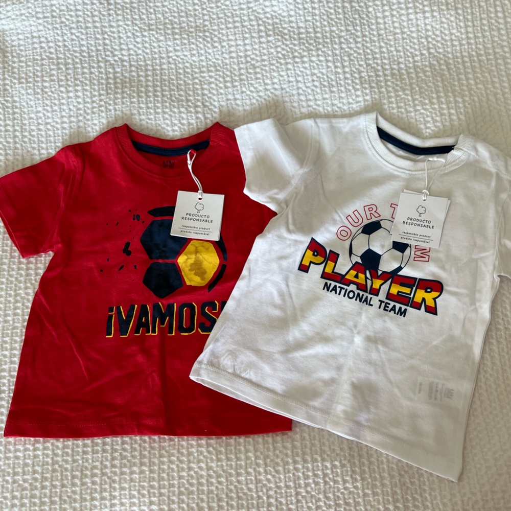 El Corte Ingles: Bundle 2 Red & White Soccer T-Shirts Cotton: Size 12-18 months